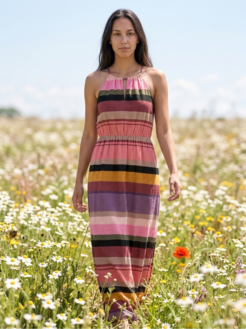 LOFT Striped Halter Maxi Dress in Pink, Purple, Mustard and Black